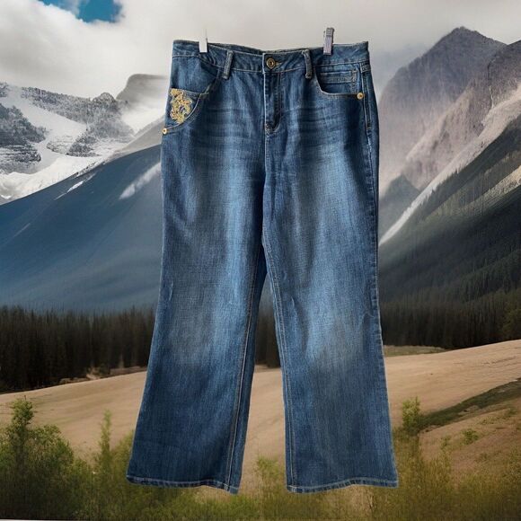 Baccini Embroidered Jeans Womens Petite Size 12P Blue Bootcut 5 Pocket Stretch - Picture 1 of 15